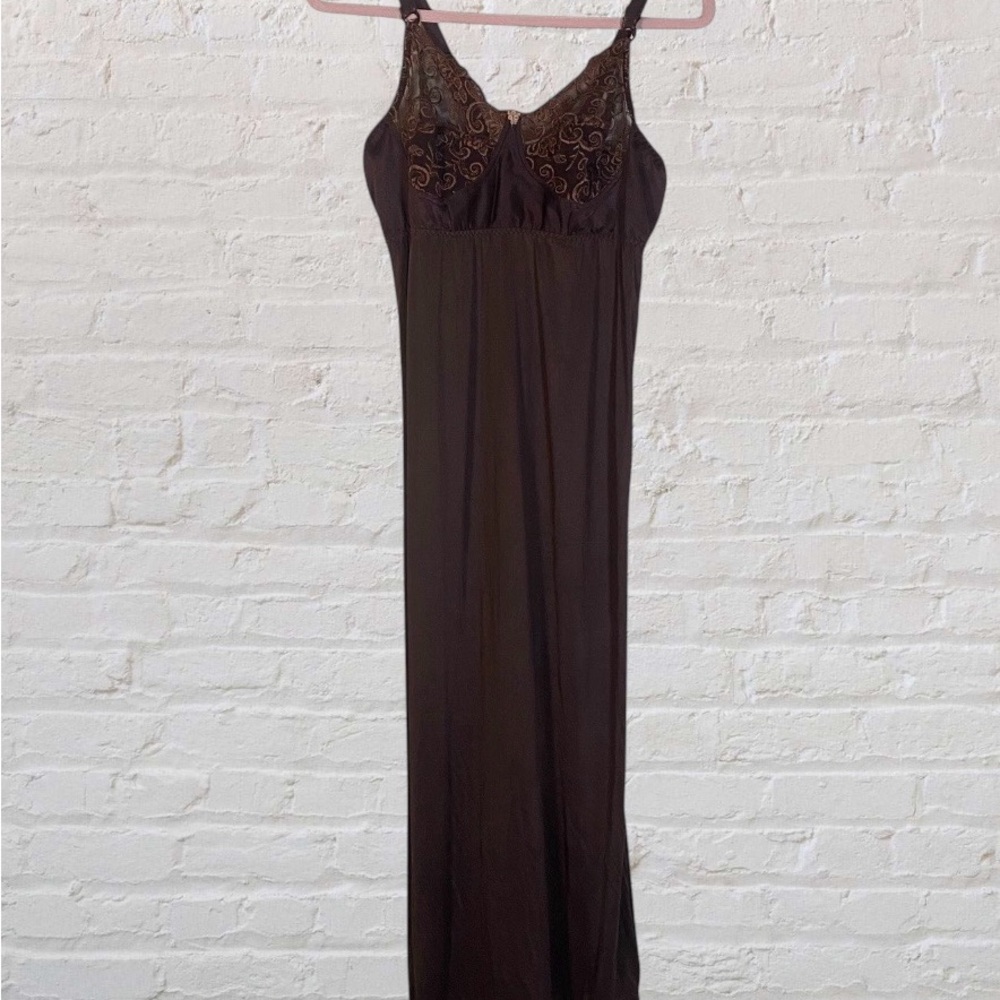 Vintage Silky Nylon Full Dress Slip Embroidery Lace M Brown‎ fairy coquette